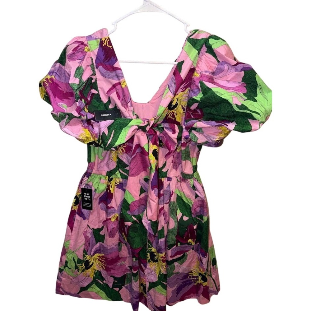 Express Floral Puff Sleeve Tie Back Mini Dress Pink Purple Green‎ Size M